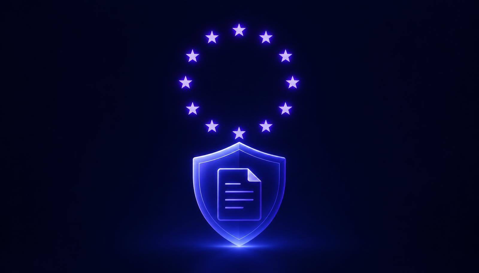 Europos Sąjungos žvaigždžių ratas virš švytinčio skydo su dokumentu — ES dirbtinio intelekto akto iliustracija