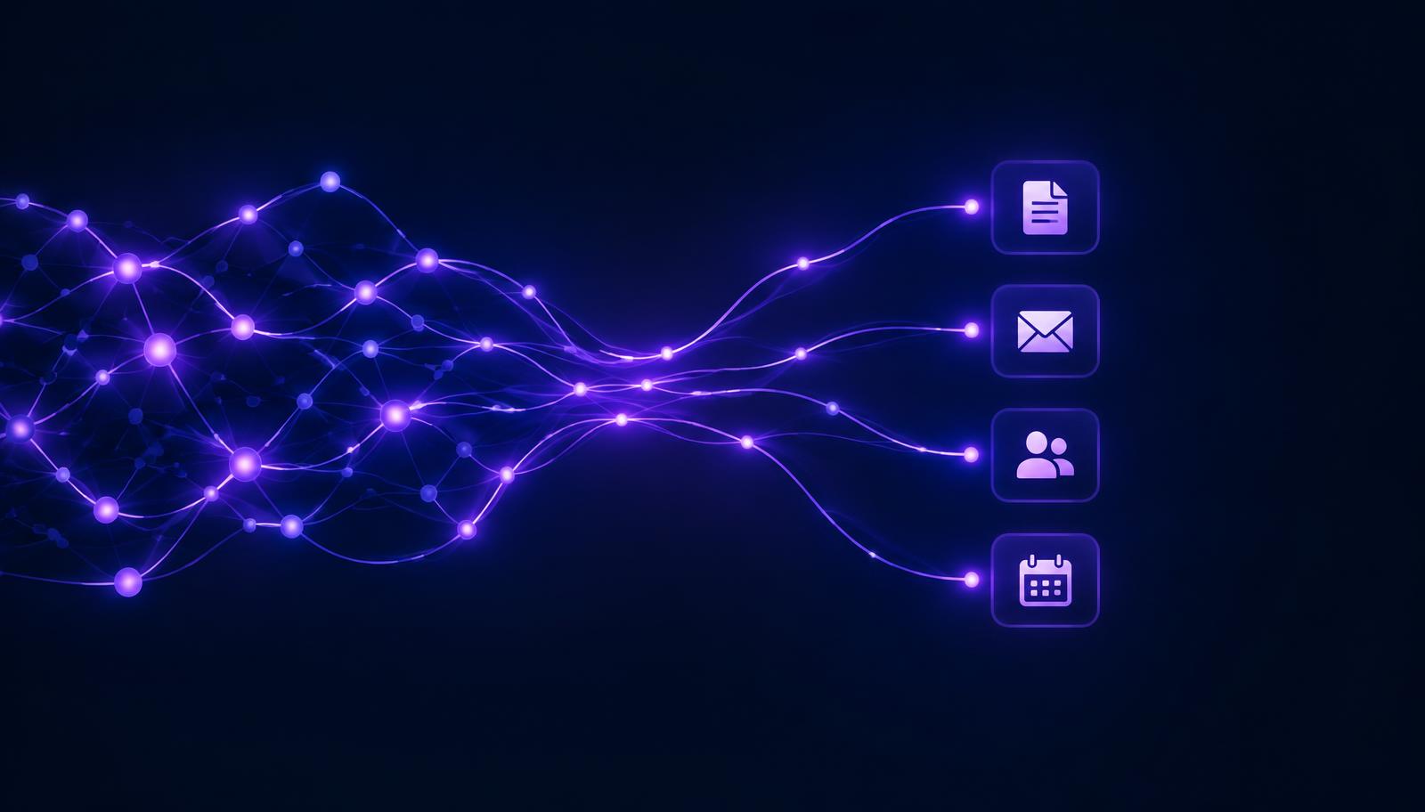 Violetinis neuroninio tinklo srautas, pereinantis į dokumentų, el. laiškų ir kalendoriaus piktogramas — AI automatizacijos iliustracija